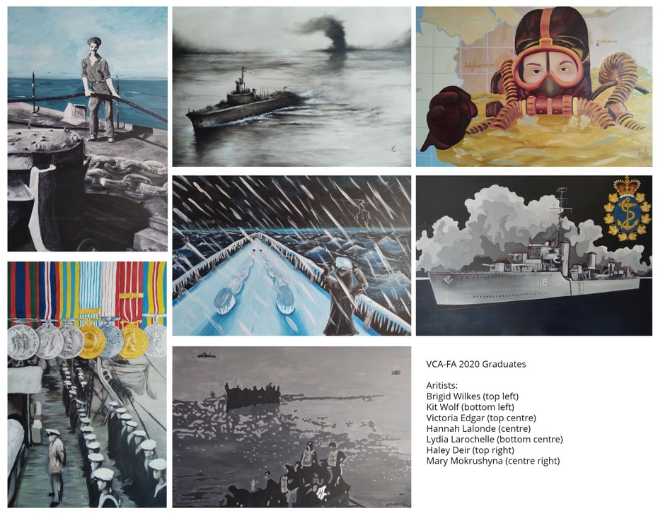 A collage of fine art depicting moments in Royal Canadian Navy history.